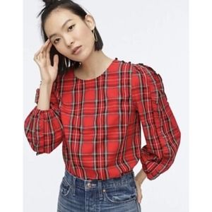 J. CREW Puff Sleeve Top Blouse Shirt Snowy Stewart Tartan Plaid XL Holiday 2019